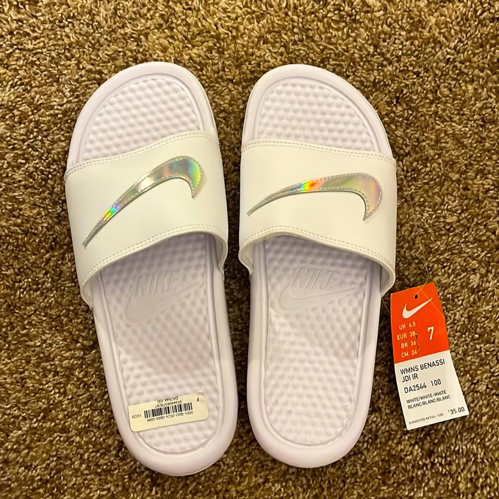 White nick slides w/ shiny nike swoosh.